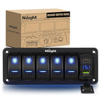 Nilight 5 Gang Rocker Switch Panel Blue Backlit with PD Type C and USB Charger Voltmeter Waterproof 12V 24V DC Switches with Night Glow Stickers for Car Trucks Boats RVs