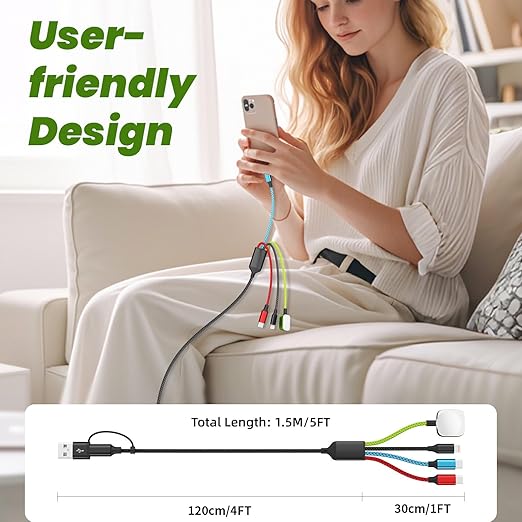 Travel Essentials Watch Charger, 4 in 2 Multi Charging Cable with Dual Type-C, USB A/C Travel Charger for Multiple Devices for iWatch Ultra/SE/11-2, iPhone 17-11, Galaxy S25-21, iPad (2PACK 5FT)