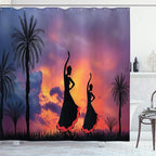 Ambesonne Spanish Shower Curtain, Silhouette of 2 Girls Dancing Flamenco with Dramatic Cloudy Sunset Sky Background, Cloth Fabric Bathroom Decor Set with Hooks, 69" W x 84" L, Salmon Pale Purple