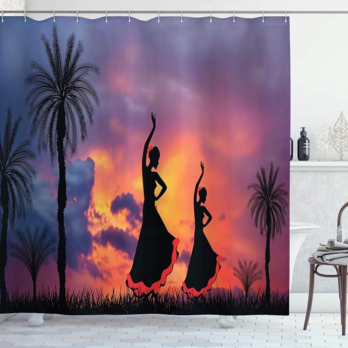 Ambesonne Spanish Shower Curtain, Silhouette of 2 Girls Dancing Flamenco with Dramatic Cloudy Sunset Sky Background, Cloth Fabric Bathroom Decor Set with Hooks, 69" W x 84" L, Salmon Pale Purple