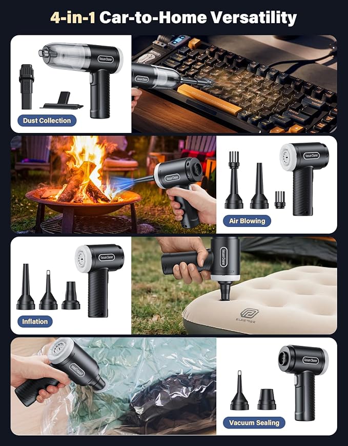 Car Vacuum Portable Cordless, 20000Pa Handheld Vacuum Mini Vacuum Cleaner High Power with Best Suction Brushless Motor, 4 in 1 2-Speed Air Duster Portable Vacuum for Car Keyboard Pet Hair
