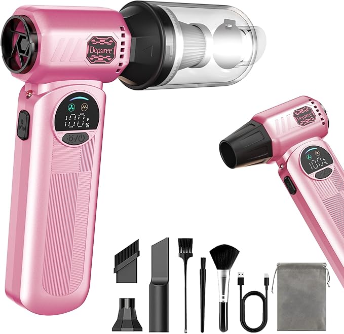 Cordless Air Duster & Handheld Vacuum 2-in-1, 8000mAh Rechargeable with Type-C Charging for Car, Keyboards, Electronics & Home – Pink