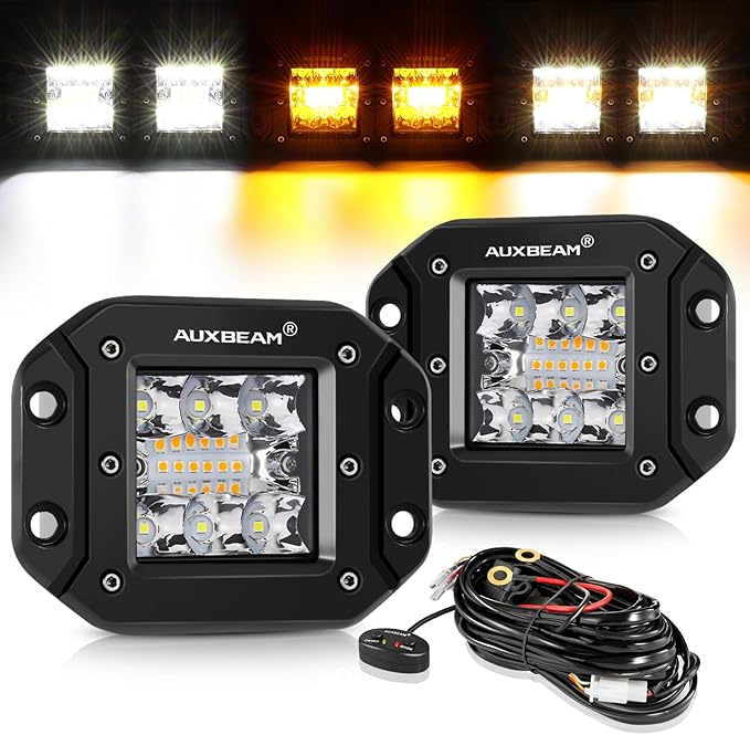 Auxbeam 5 Inch Flush Mount Led Light Pods, Amber Flush Mount Bumper Fog Lights 6 Modes Strobe Cube Pod Light Bar Yellow Spot Flood Offroad Driving Ditch Lights for Truck Jeep Car ATV