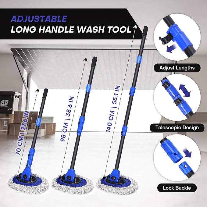 Ultimate Car Wash Brush with Long Handle | 15-Degree Curved Pole Design | Microfiber Brush Head | Adjustable Length | Wide Applications for Car, RV, Truck, Pickup | Car Wash Kit (Blue-Extended)