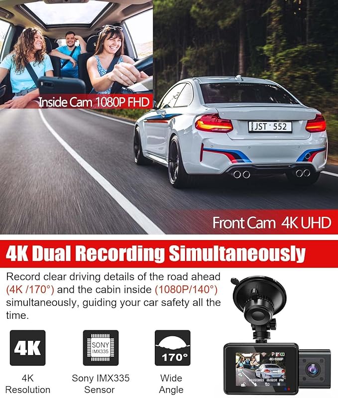 LAMONKE 4K Dual Dash Cam Front 4K Inside 1080P with GPS Wi-Fi Night Vision Supercapacitor Parking Mode G Sensor Loop Recording 256GB Support