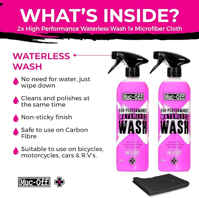 Muc-Off High Performance Waterless Bike Wash 750ml (Pack of 2) | Spray & Wipe Bike Cleaner | No Water Needed | Safe on Carbon Fibre | Cleans & Polishes with a Streak-Free Finish