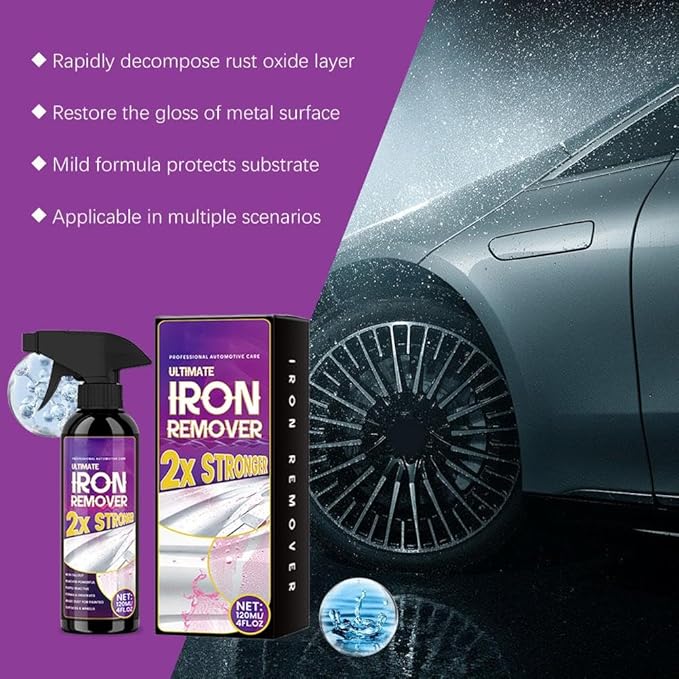 Multipurpose Iron Powder Remover Spray 120ml - Rust & Stain Cleaner for Motorcycle Tires, Brake Calipers, Boats, RVs, Painted Surfaces, for Exterior Vehicle Maintenance
