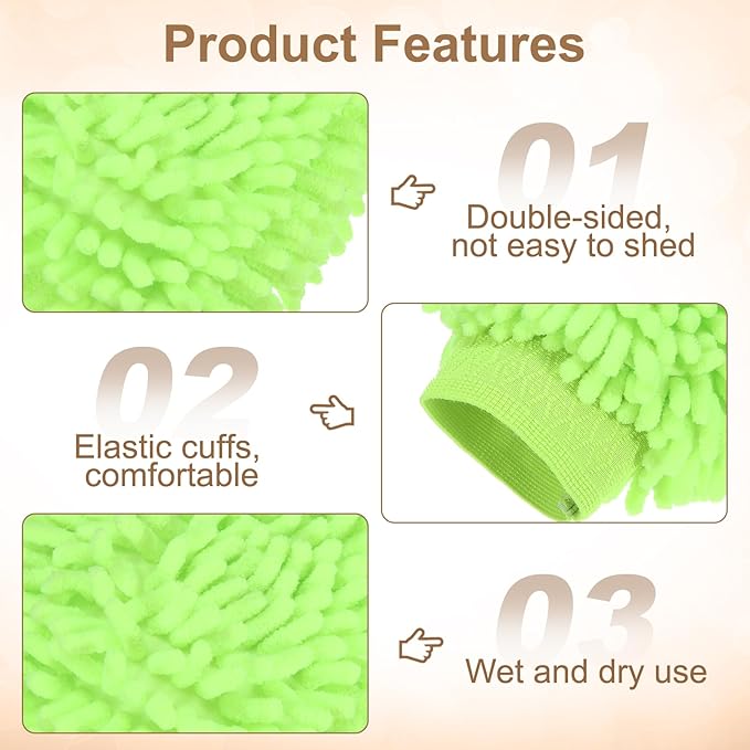 HARFINGTON 2pcs Chenille Microfiber Car Wash Mitts 9.8" x 7.9" Scratch Free Wash Gloves Absorbent Double Sided Plush Cleaning Drying Mitts for Car Washing Home Light Green