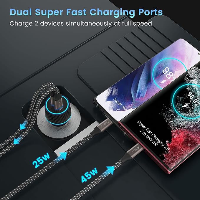 S24 S25 Ultra Charger Type C, SCRUAK 45W PPS Super Fast USB-C Wall/Car Charger for Samsung Galaxy S25 Ultra/S25+/S25/S24 Ultra/S24+/S23/S22/S20/Note 20/Note 10+(with 2X 3.3FT 5A Type C Cable)