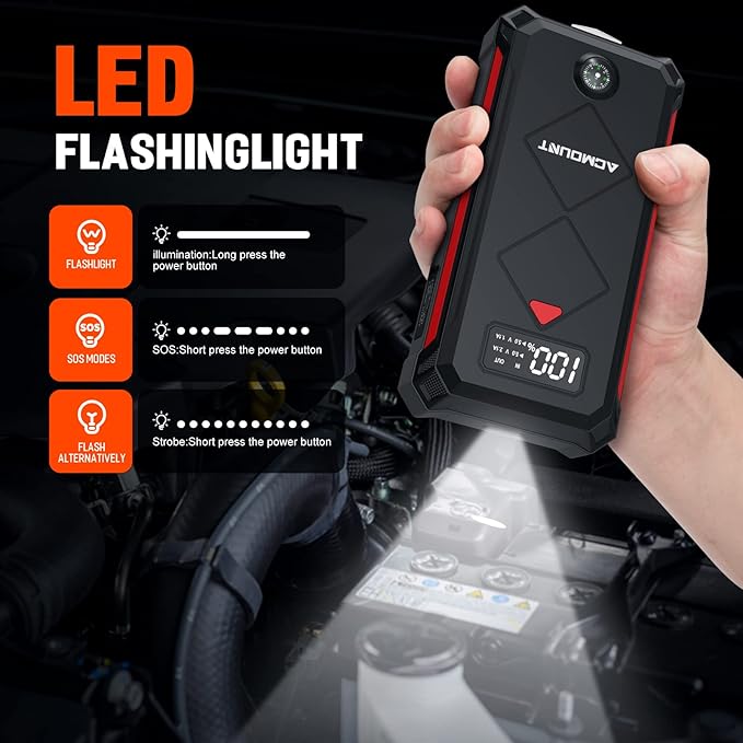 Acmount P100 Car Jump Starter, 5000A Peak Lithium Jump Starter Battery Pack for Up to 10.0L Gas or 8.0L Diesel Engine, Safe 12V Portable Battery Starter Power Pack with LED Screen & LED Light