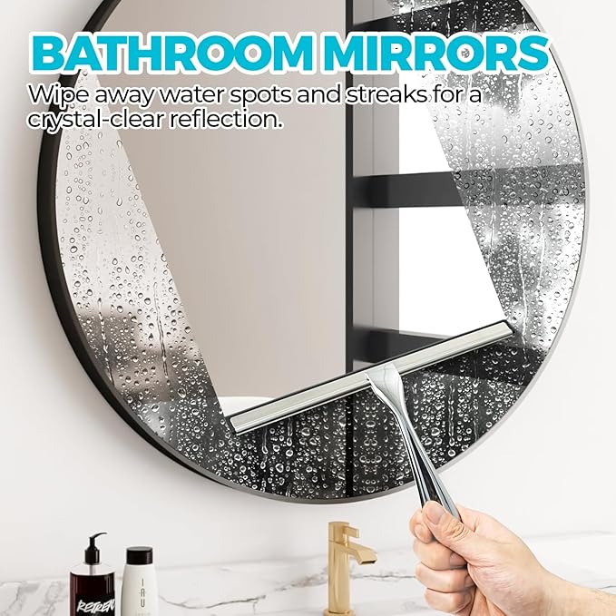 ALFLOD 2PACK All-Purpose Shower Squeegee for Shower Doors, Tile Shower Walls, Bathroom, Window, Glass and Car Windshield, Mirrors and Kitchen-Stainless Steel, 11.8-Inch Silver