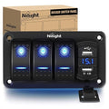 Nilight 3 Gang Rocker Switch Panel with 4.8 Amp Dual USB Charger Voltmeter Waterproof 12V 24V DC Rocker Switch with Night Glow Stickers for Cars Trucks Boats RVs, 2 Years Warranty,Blue