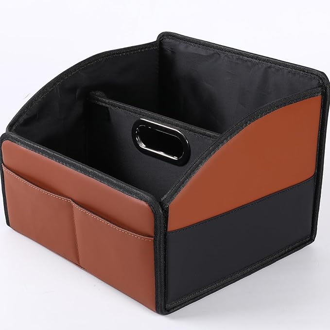 [2025 UPDATED] Leather Car Seat Organizer, Foldable Storage Box for Front Seat, Back Seats & Floor – Removable Divider, Metal Handle, Adjustable Anti-Slip Strap for Kids & Adults (Black & Brown)