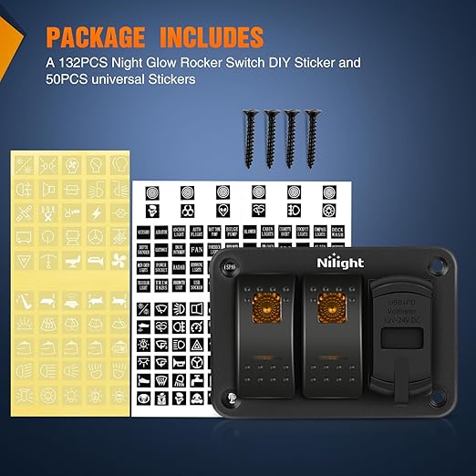 Nilight 2 Gang Rocker Switch Panel with PD Type C and USB Charger Voltmeter 12V SPST ON Off Togglr Switches Panel w/Orange Backlit Waterproof Aluminum for Boats Cars RVs Trucks
