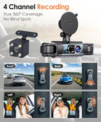 4 Channel Dash Cam 360° View, 2K Car Dash Cam Front and Back, 4-Way Front Rear Inside Recording, APP Control, 8 IR Night Vision, Parking Monitor, G-Sensor, Free 64GB TF Card