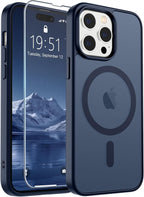 SUPFINE Magnetic for iPhone 14 Pro Case with Screen Protector (Compatible with MagSafe) (Military Grade Drop Protection) Translucent Matte Shockproof Phone Cover,Dark Blue