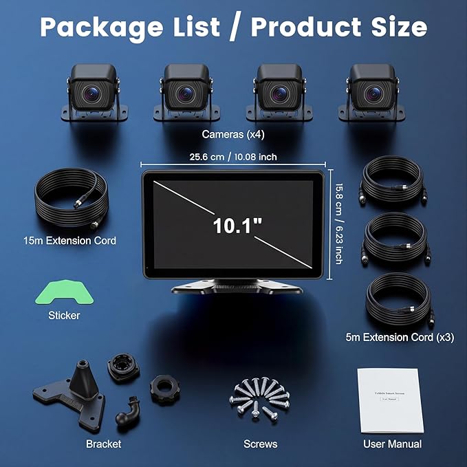 Hodozzy 4 Channel Backup Camera Monitor System, 10.1 Inch 4 Split Reversing Monitor, Night Vision, IP68 Waterproof, BSD, Parking Monitoring, Hard-Wired Backup Camera for Trucks/Bus/Trailer/RV/Pickup