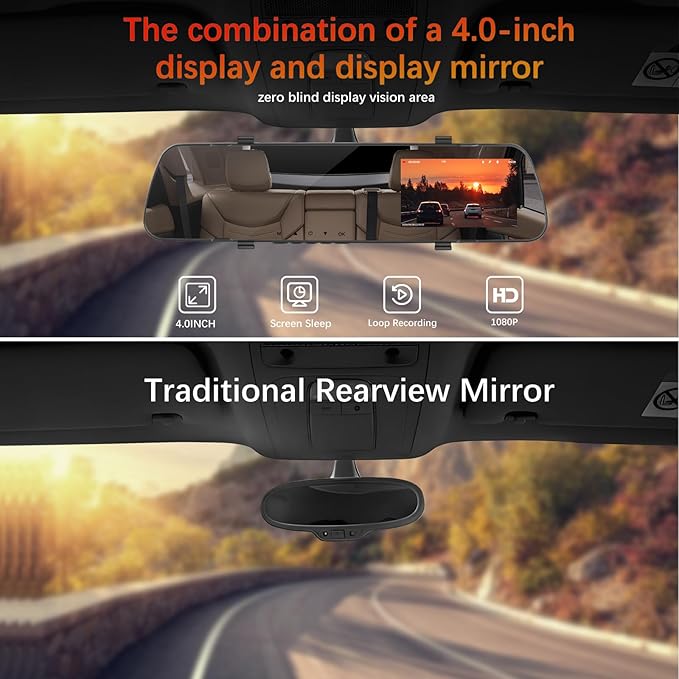 Mirror Dash Cam Front and Rear Dash Car Camera 4 inch 1080P IPS Screen Rear View Mirror Dash Cam Mount with Loop Recording Motion Detection Reverse Assistance