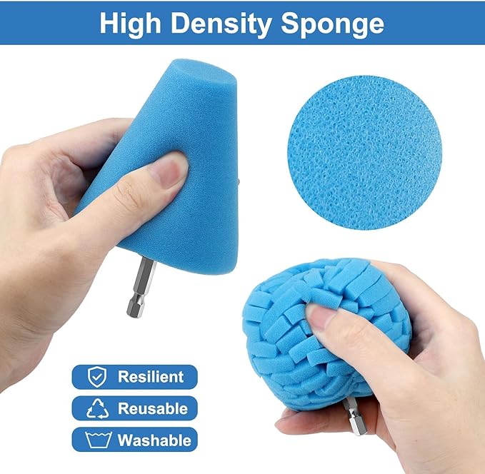 Linkstyle 8Pcs Drill Polishing Pads Kit, Foam Polishing Cone & Ball Set with Extension Holder & Brush, 1/4" Hex Drill Attachment for Car Wheel Hub Rim Metal