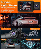 Moplasz Dash Cam Front Rear, 4K Full HD Dash Camera for Cars, Included 32GB Card, 3 Channel Dashcam Built-in Wi-Fi GPS, Night Vision, WDR, 24H Parking Mode (2160p Dash)