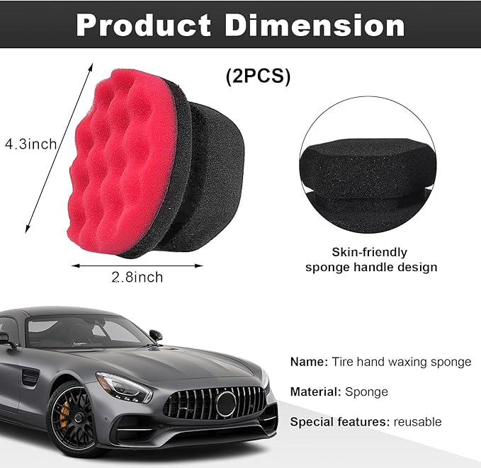 Wevdn 2PCS Tire Shine Applicator, Durable & Reusable Hex Grip Tire Dressing Sponge Foam Detailing Pad, Washable Round Shape Wheel Tire Shine Car Cleaning Sponge, Car Accessories (Red-Large)