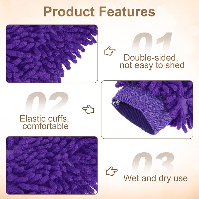 HARFINGTON 2pcs Premium Chenille Microfiber Car Wash Mitts 9.8" x 7.9" Scratch Free Wash Gloves Absorbent Double Sided Plush Cleaning Drying Mitts for Car Washing Home Purple