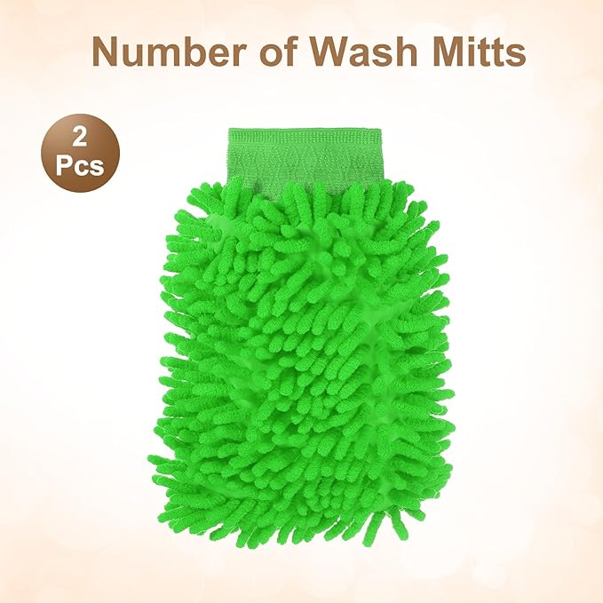 HARFINGTON 2pcs Chenille Microfiber Car Wash Mitts 9.8" x 7.9" Scratch Free Wash Gloves Absorbent Double Sided Plush Cleaning Drying Mitts for Car Washing Home Green