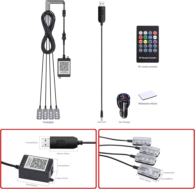 RGB Car Footwell Ambient Lighting Kit Car Charger + USB 16.7 Millions Colors Sound Active Music Sync APP Control + RF Remote Controller Car Interior Multicolored Footwell Atmosphere Light 12V