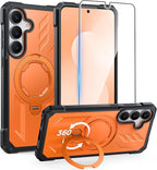 FNTCASE for Samsung Galaxy S25-FE Case: with [Magnetic Ring Kickstand] [Screen Protector] [Compatible with MagSafe] [Military-Grade Drop Protection] Heavy Duty Full Body Protective Phone Cover Orange