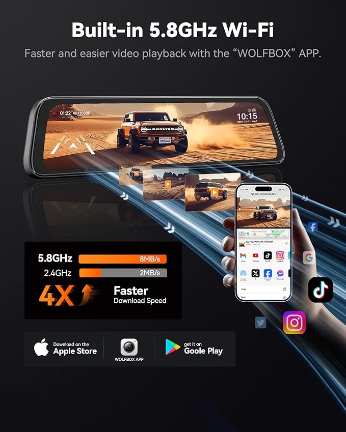 WOLFBOX G840S 12" 4K Mirror Dash Cam Backup Camera, 5.8GHz WiFi Smart Rearview Mirror for Cars & Trucks, Front and Rear View Dual Cameras, Night Vision, Parking Assistance, Included 32GB Card & GPS