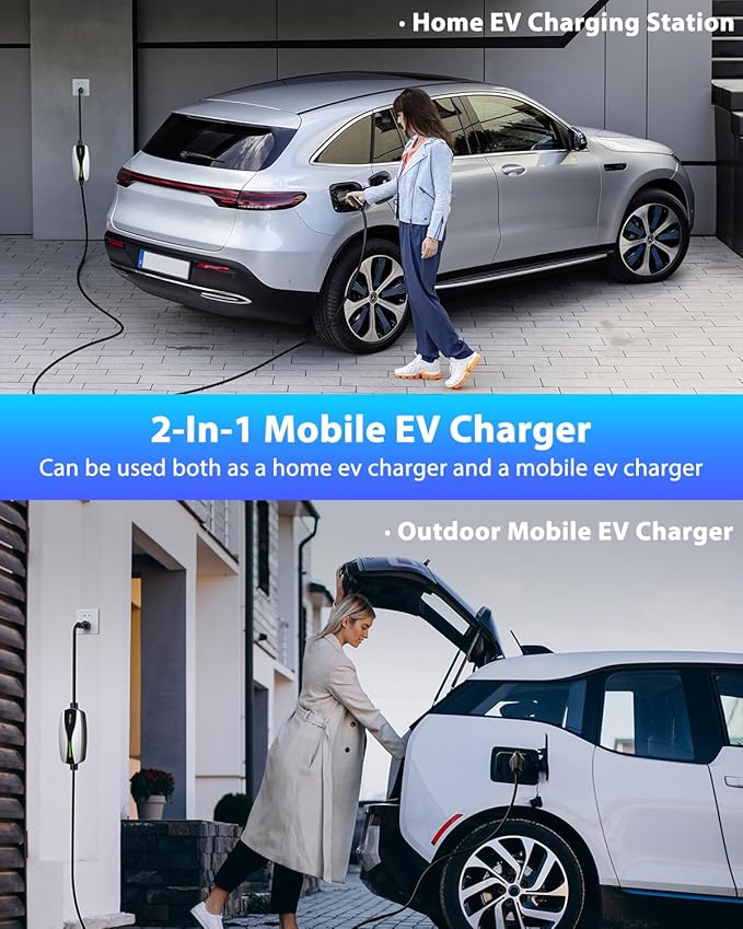 SEGUMA Level 1/2 EV Charger, 16Amp Electric Car Charger 25FT Cable with NEMA 6-20 Plug and NEMA 5-15 Adapter, Home Mobile EV Charging Station for J1772 BEVs/PHEVs 110V-240V(Silver)