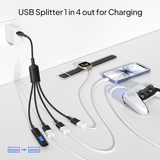 Elebase USB Splitter 1 in 4 Out 1FT,USBA Charger Sp-Litter,Multi Port USBA Y Cable,USB Extension Splitter Cord,Multiport Data Charging Split Adapter for PC,TV,MacBook,Laptop,2/3 Out