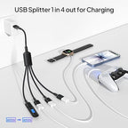 Elebase USB Splitter 1 in 4 Out 1FT,USBA Charger Sp-Litter,Multi Port USBA Y Cable,USB Extension Splitter Cord,Multiport Data Charging Split Adapter for PC,TV,MacBook,Laptop,2/3 Out