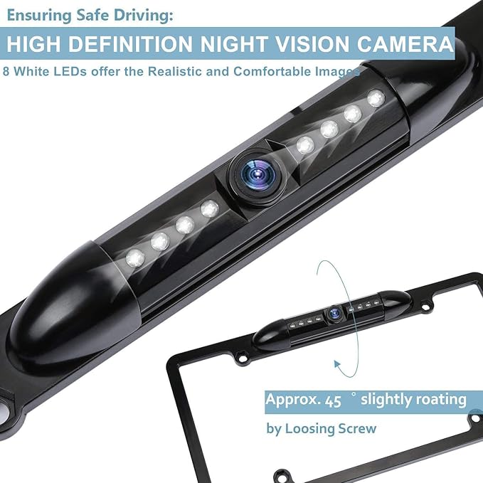 License Plate Frame Backup Camera Night Vision Car Rear View Camera with 8 Bright LEDs 170° Viewing Angle Waterproof Backup Camera Vehicle Universal Reversing Assist Security
