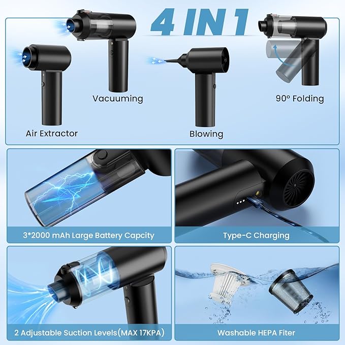 Car Vacuum Portable Cordless,90°Foldable 4in1 Vac V2 Handheld Vacuums Cleaner Brushless Motor High Power 17000PA Compressed Air Dusters Cordless Vacuum Cleaners for Car Home Office Pet