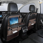 2 Pack Universal Foldable Car Backseat Organizer with Table Tray, Car Seat Back Protector with Touch Screen Phone Holder, Premium Leather Kick Mats with Storage Pockets Tissue Holder (Brown)