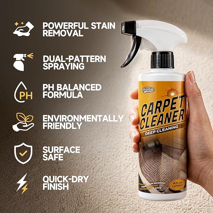 toretark Instant & Powerful Carpet Cleaner Spray, Stain Remover for Seats, Fabric & Floor Mats, Upholstery Cleaner Removes Tough Stains, pH Balanced, Minimal Residue, 16 fl oz