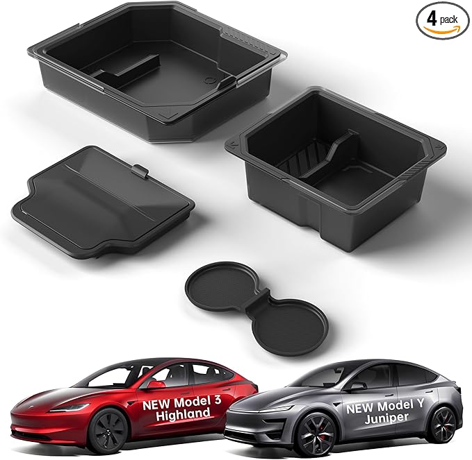 Center Console Organizer Tray for Tesla Model Y Juniper Accessories 2025 2026/For Tesla Model 3 Highland Accessories 2024 2025 2026, Hidden Storage Box, Cup Holder Armrest Drawer Organizer, 4PCS Black