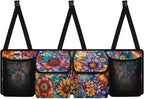 Boho Floral Flowers Backseat Trunk Organizer for Car Dahlia Hanging Cargo Bag Sturdy Trunk Storage Bag with 4 Storage Bags and 3 Adjustable Buckles