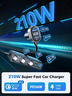9 in 1 Cigarette Lighter Splitter, JOYROOM 210W Cigarette Lighter Adapter with PD/QC 3.0 * 2 Charge(3.3FT Cable), 12V/24V Independent Switches DC Cigarette Outlet Car Charger for All Car Devices