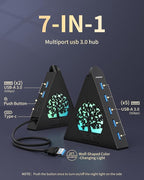 7-Port USB 3.0 Hub, Vertical USB Hub Splitter with RGB Lighting, 5Gbps High-Speed Data Transfer and 2FT Extension Cable, Compatible with Laptop, PC, Desktop, MacBook, PS5, Xbox, Flash Drive
