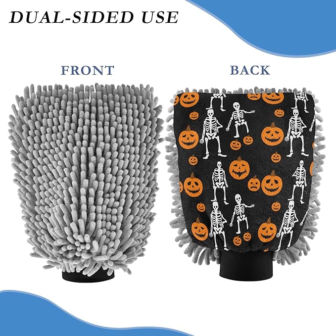 Qilmy Skeleton Pumpkins Microfiber Chenille Car Wash Sponge Scratch Free Car Wash Mitt Absorbent Mitt Sponge for Trucks SUVs Car Washing Home Cleaning, Large