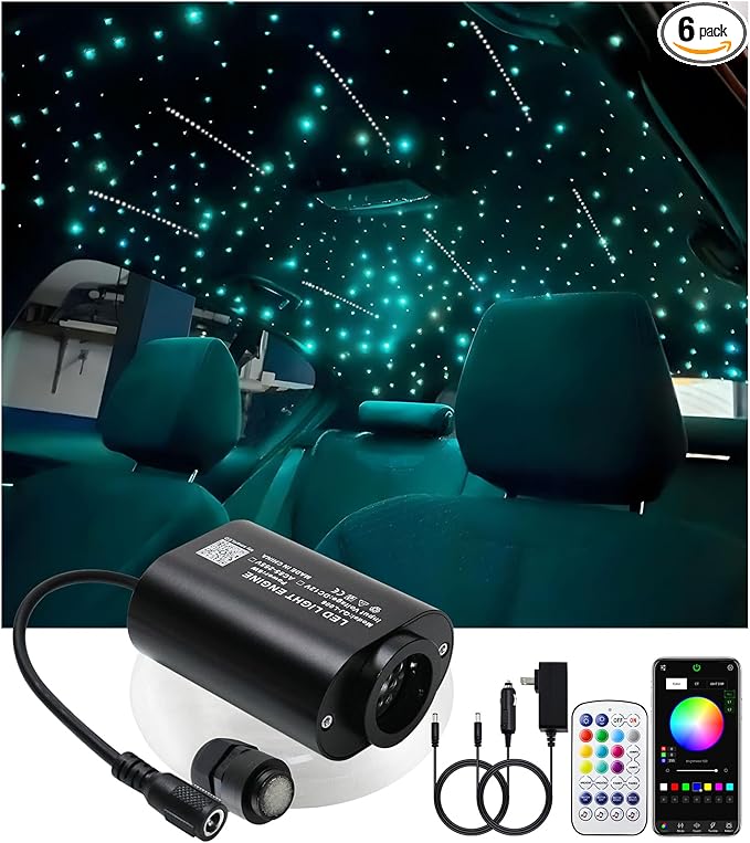 Mini Size 6W RGBW Twinkle+White Meteor+Music Sync Fiber Optic Lights, 500pcs*0.03in(6.5ft/2m)+Shooting Star Fiber Strands APP Star Ceiling Light Kit for Home and Car Headliner Starlight