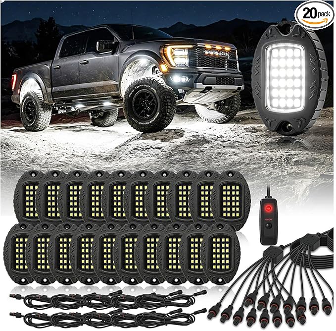 20 Pods Alloy Pure White LED Rock Light for Trucks Trailer Off Road RV Semi Trucks Van, IP68 Waterproof Aluminum Bright White Neon Underglow Light with Wiring Harness 6500K Metal Fender Lights