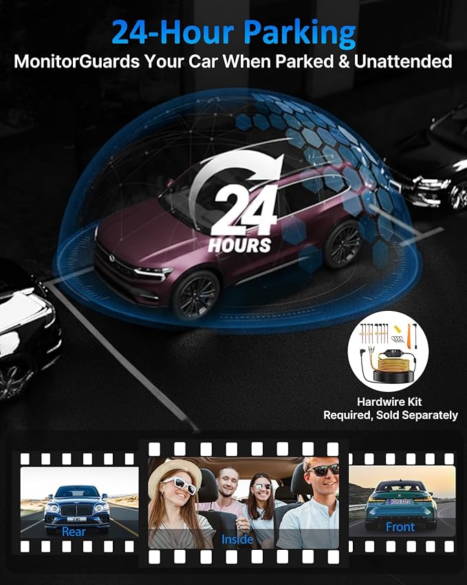 3 Channel Dash Cam Front and Rear Inside, 4K+720P+720P Dashcam, 5GHz WiFi GPS Dash Camera for Cars with 64GB Card, 24H Parking Monitor, Super Night Vision, Loop Recording, G-Sensor, WDR for Car Camera