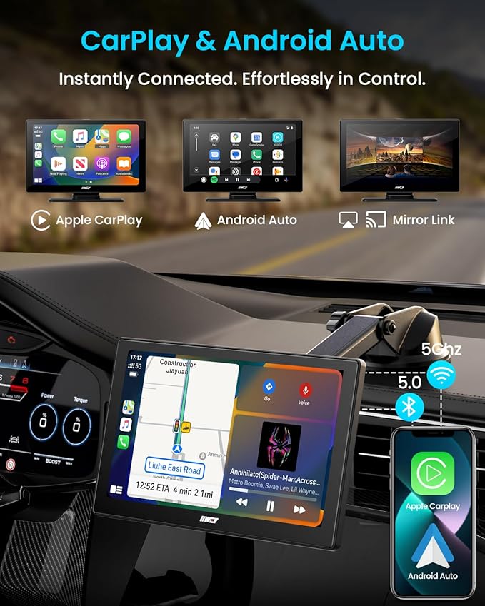 IK5 9" Wireless Apple CarPlay & Android Auto Screen, Portable Car Stereo with 4K Dash Cam & 1080p Backup Camera, Add CarPlay to Any Vehicle, Touchscreen, Mirror Link