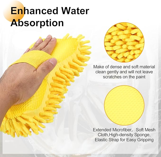 HARFINGTON Car Wash Sponge 9.1" x 4.7" Chenille Microfiber Mitt Scratch-Free Absorbent Scour Scrubber Cleaning Sponge for Washing Detailing on Cars, Trucks, SUV, Boats, RVs, Yellow