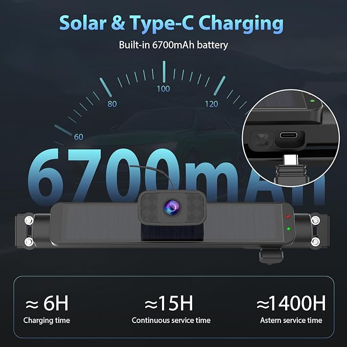 Carpuride Solar Wireless Backup Camera with 7" Monitor Rechargeable 6700mAh Battery 1080P Back Up Cam Auto Sleep, 170°Wide Angle, IP69K Waterproof, Easy Installation for Car, Van, Truck, Trailer, Bus