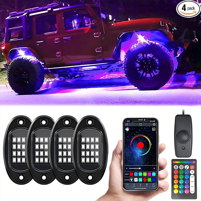 GSRECY RGB LED Rock Lights for Trucks, 4 Pods Rock Lights with App/Remote Control/Music Mode, Multilcolor Neon Underglow Wheel Well Light for ATV Pickup Off Road RZR UTV Golf Car Trailer Boat