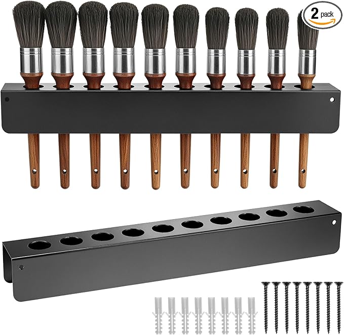 QWORK Car Detailing Brush Holder 10 Hole, 2 Pack Wall Mount Organizer Rack with Screws Heavy Duty Metal Brush Storage for Garage Workshop Auto Detailing Tools Accessories
